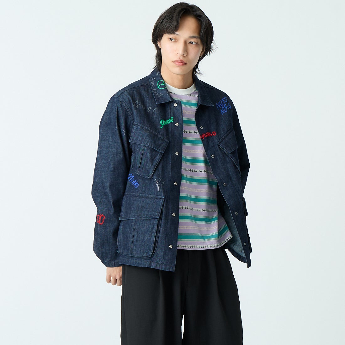 HELLO CALIF [ハローカリフ] デニムファティーグジャケット [661020] NAVY &&モデル身長：179cm 着用サイズ：M&&