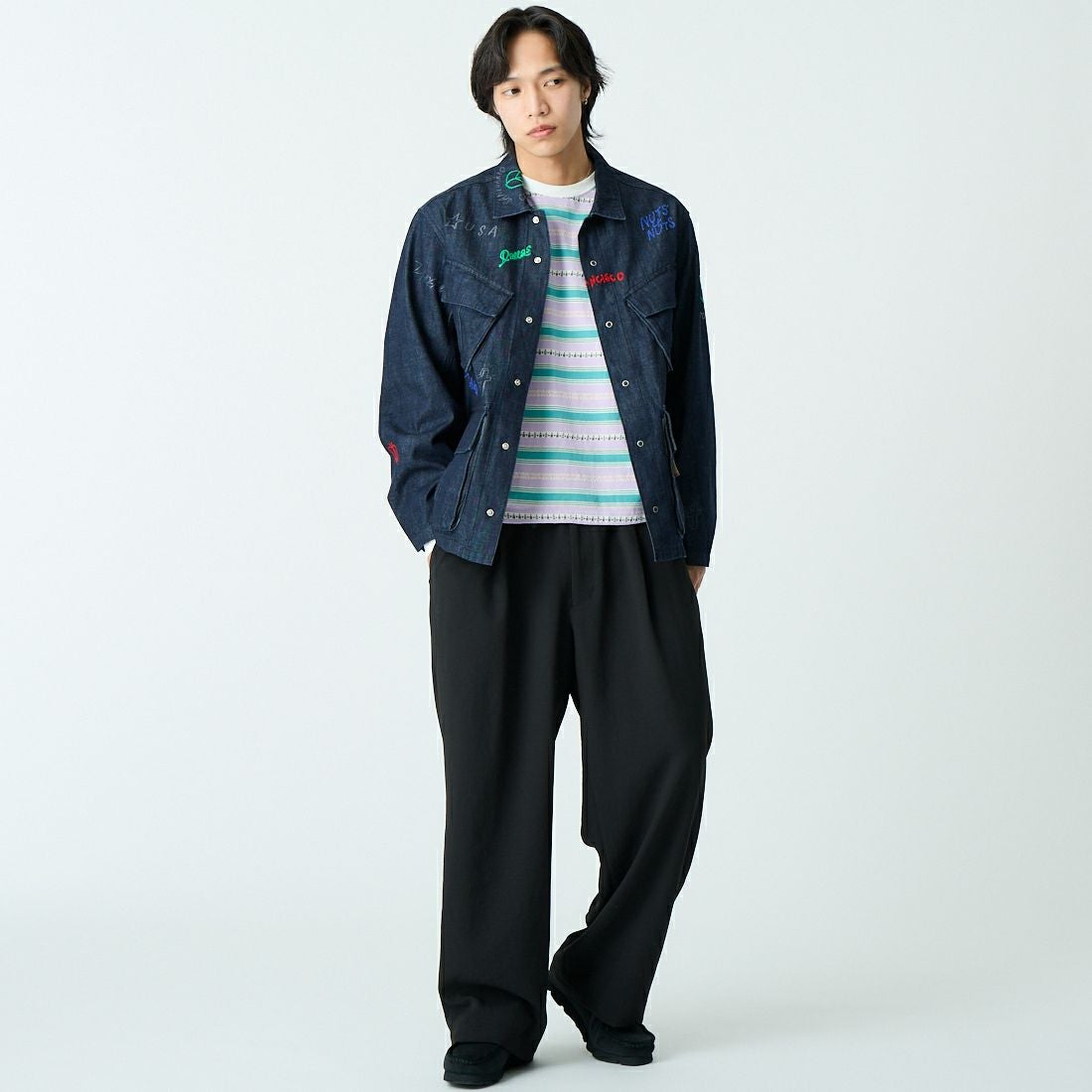 HELLO CALIF [ハローカリフ] デニムファティーグジャケット [661020] NAVY &&モデル身長：179cm 着用サイズ：M&&