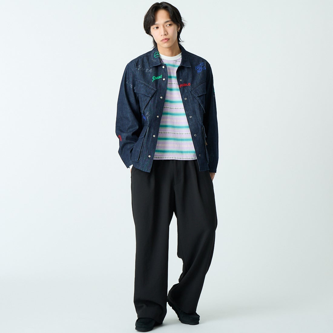 HELLO CALIF [ハローカリフ] デニムファティーグジャケット [661020] NAVY &&モデル身長：179cm 着用サイズ：M&&