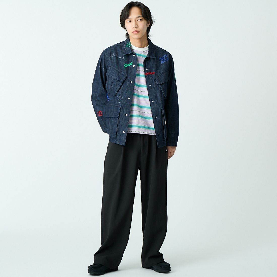 HELLO CALIF [ハローカリフ] デニムファティーグジャケット [661020] NAVY &&モデル身長：179cm 着用サイズ：M&&