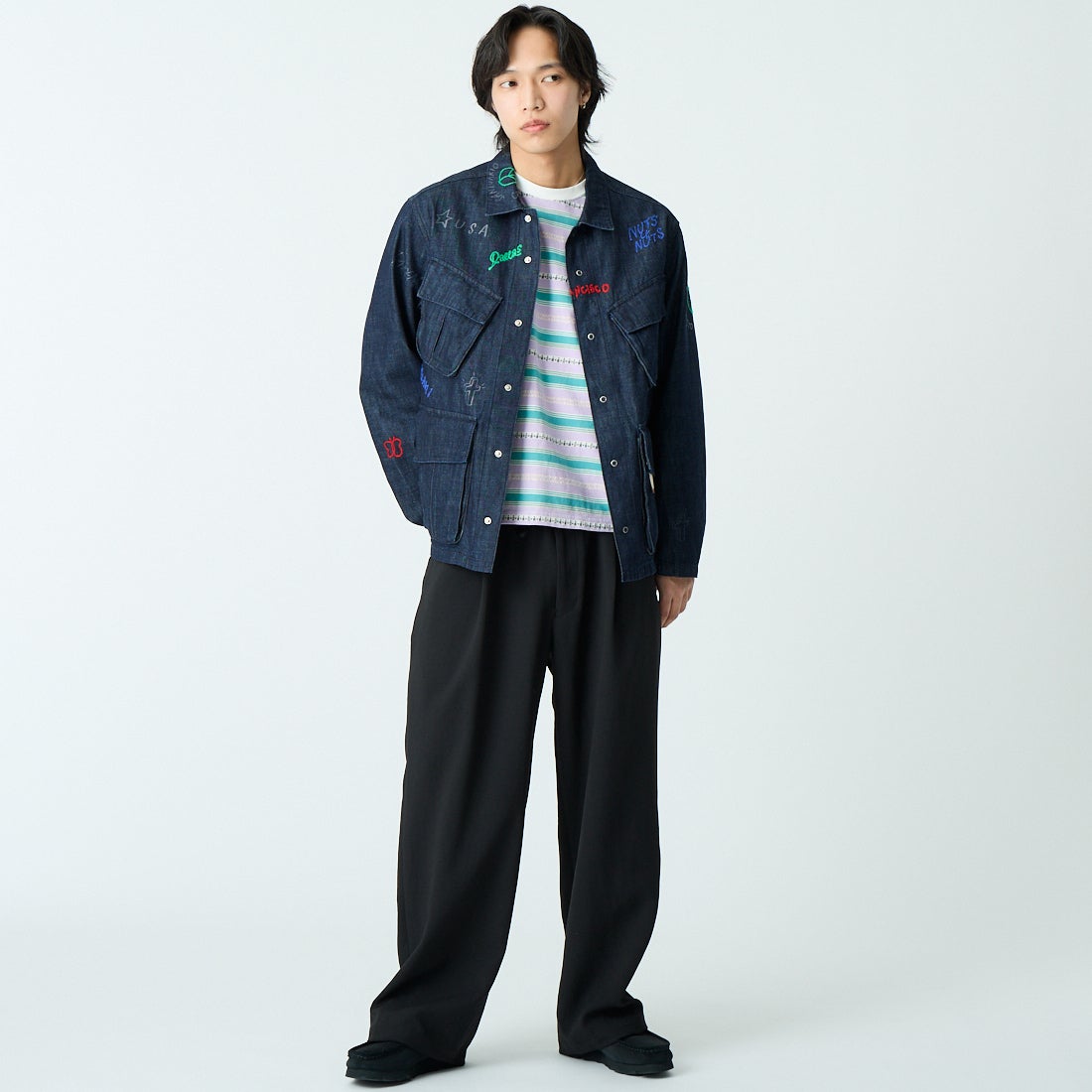 HELLO CALIF [ハローカリフ] デニムファティーグジャケット [661020] NAVY &&モデル身長：179cm 着用サイズ：M&&
