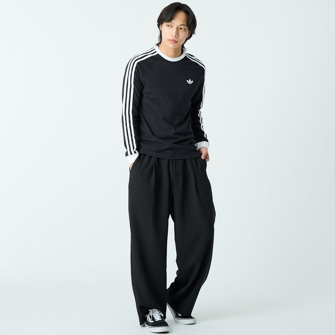 adidas Originals [アディダス オリジナルス] スリーストライプス ロングスリーブTシャツ [MCE70] KE3546 &&モデル身長：179cm 着用サイズ：L&&