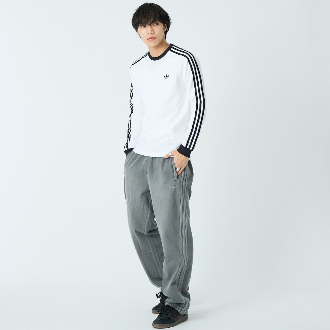 adidas Originals [アディダス オリジナルス] スリーストライプス ロングスリーブTシャツ [MCE70] KE3545 &&モデル身長：179cm 着用サイズ：L&&
