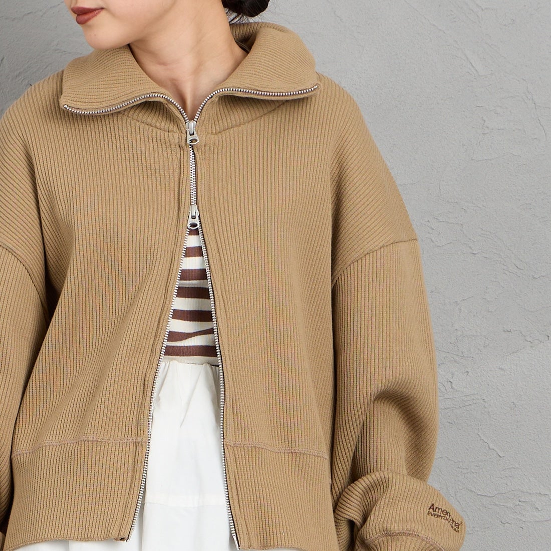 Americana [アメリカーナ] ヴィンテージリブ クロップドブルゾン [BRF-790A] ﾍﾞｰｼﾞｭ &&モデル身長：150cm 着用サイズ：ONE SIZE&&