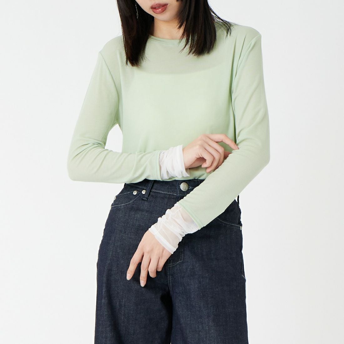 DIGNITE COLLIER [ディニテコリエ] 袖シャーリングプルオーバー [80267005] 061 ﾐﾝﾄｸﾞﾘ &&モデル身長：162cm 着用サイズ：F&&