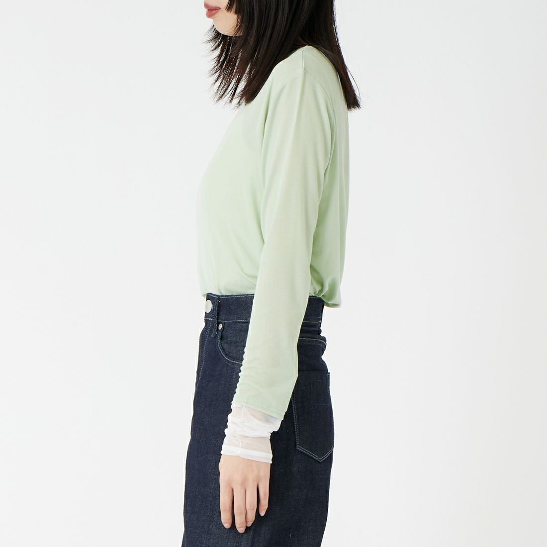 DIGNITE COLLIER [ディニテコリエ] 袖シャーリングプルオーバー [80267005] 061 ﾐﾝﾄｸﾞﾘ &&モデル身長：162cm 着用サイズ：F&&