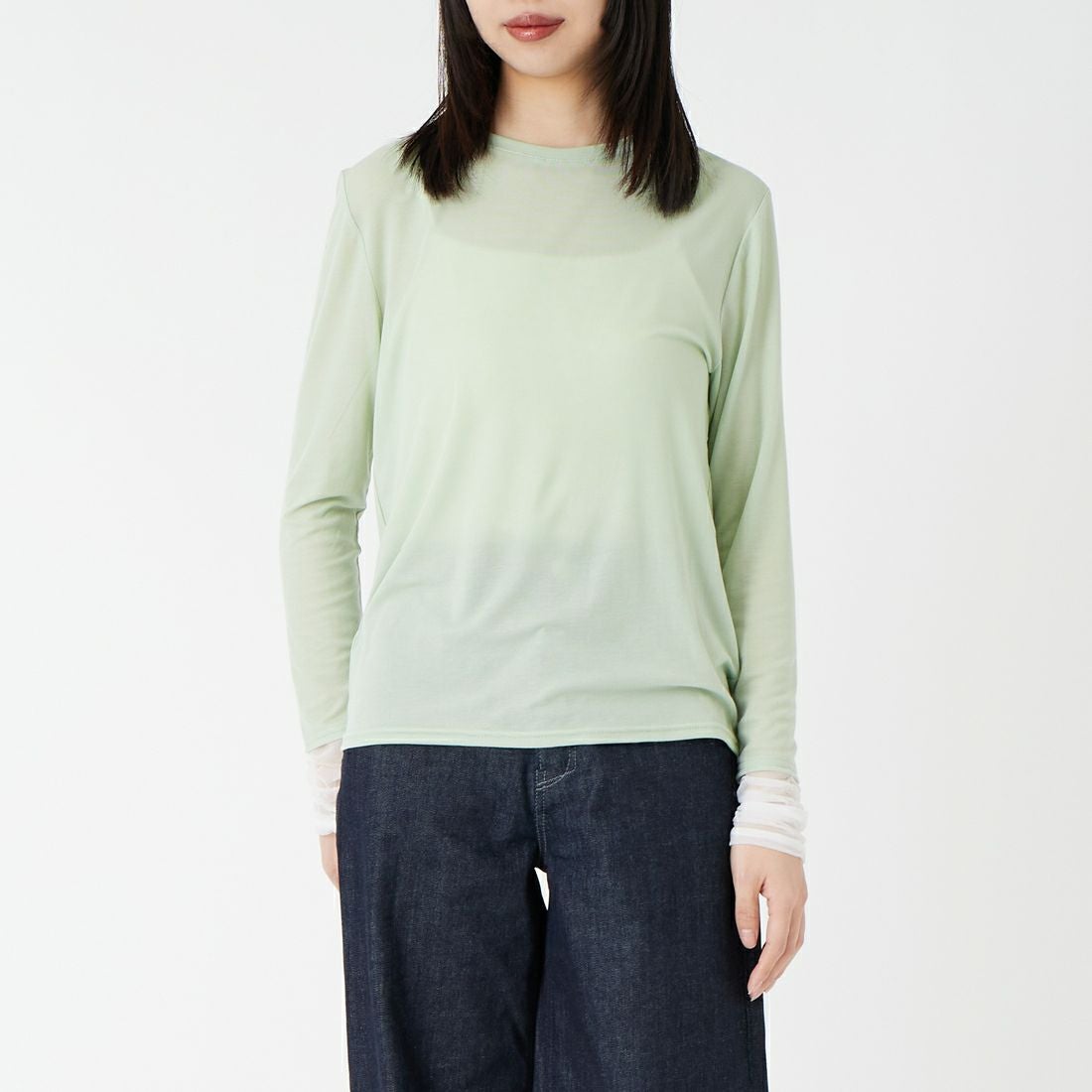 DIGNITE COLLIER [ディニテコリエ] 袖シャーリングプルオーバー [80267005] 061 ﾐﾝﾄｸﾞﾘ &&モデル身長：162cm 着用サイズ：F&&