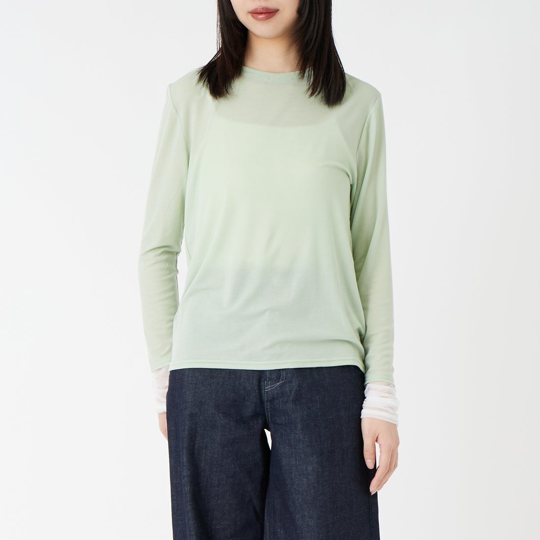 DIGNITE COLLIER [ディニテコリエ] 袖シャーリングプルオーバー [80267005] 061 ﾐﾝﾄｸﾞﾘ &&モデル身長：162cm 着用サイズ：F&&