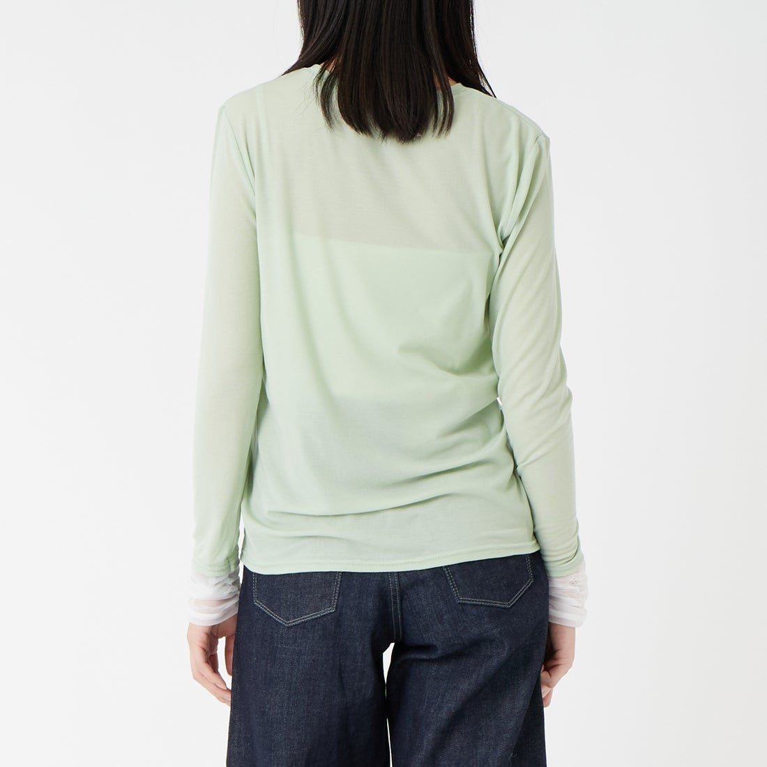 DIGNITE COLLIER [ディニテコリエ] 袖シャーリングプルオーバー [80267005] 061 ﾐﾝﾄｸﾞﾘ &&モデル身長：162cm 着用サイズ：F&&