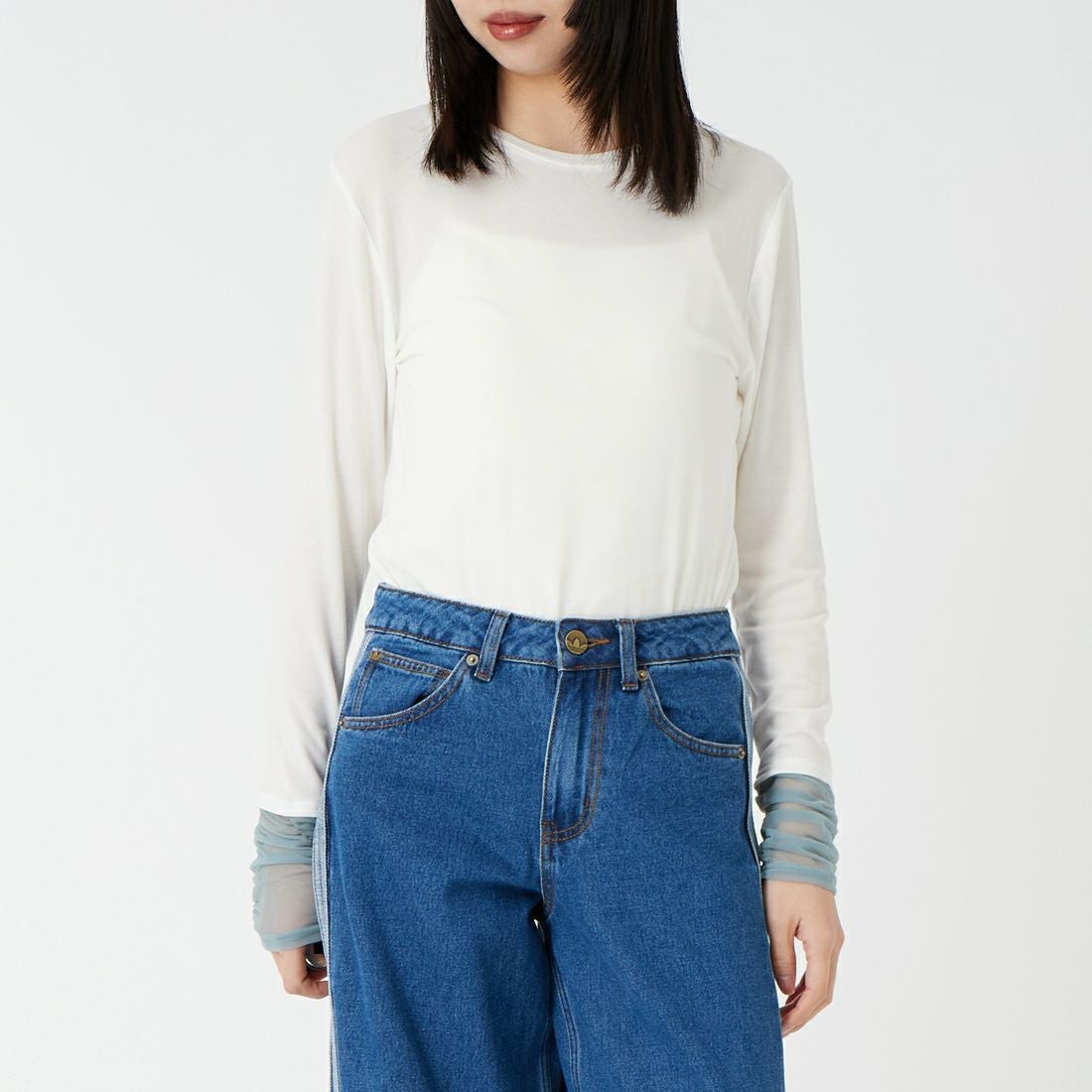 DIGNITE COLLIER [ディニテコリエ] 袖シャーリングプルオーバー [80267005] 031 ｵﾌﾎﾜｲﾄ &&モデル身長：162cm 着用サイズ：F&&