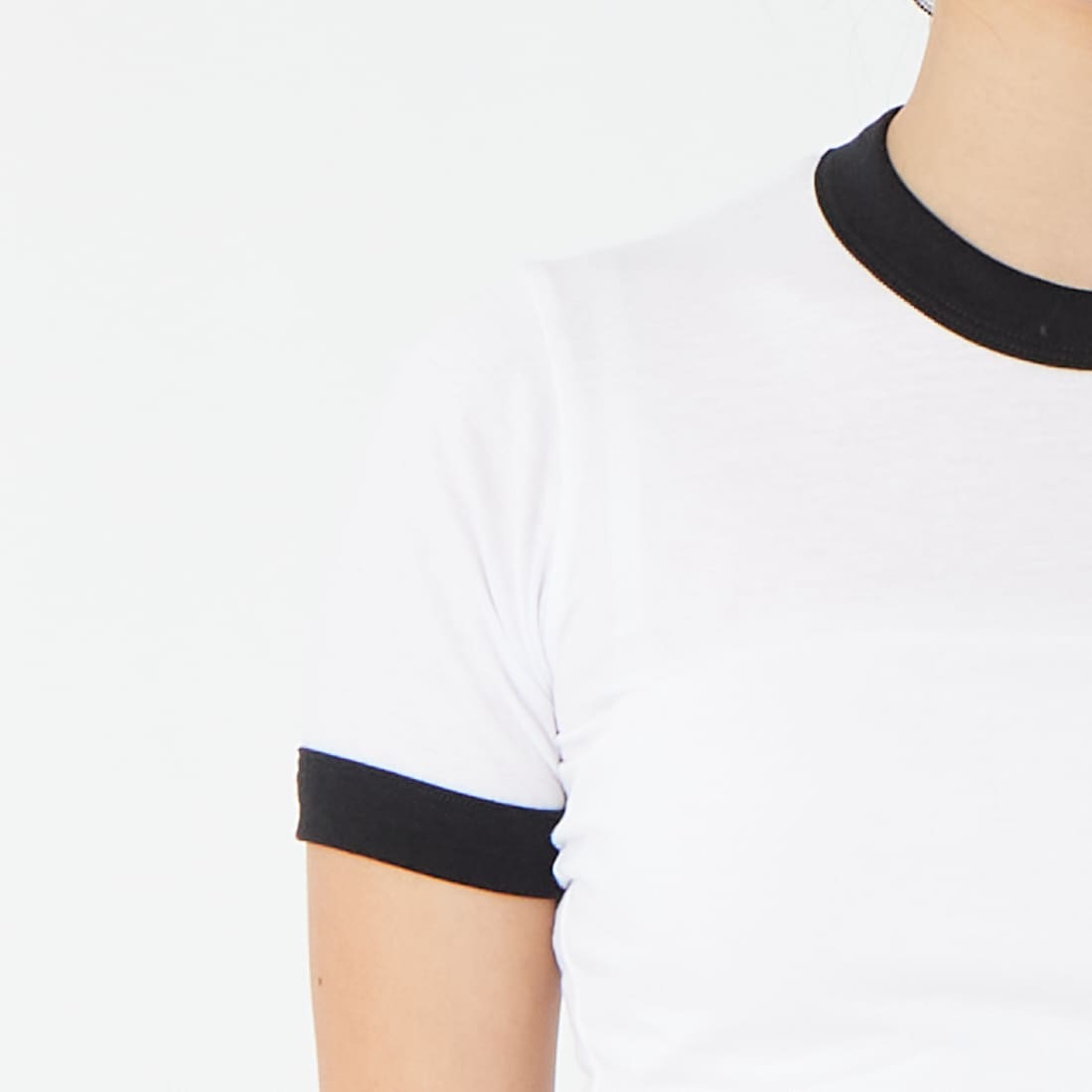 LOS ANGELES APPAREL [ロサンゼルスアパレル] ポリコットンリンガーTシャツ [RINGERS-WOMENS-TEE] WHITE/BLK &&モデル身長：162cm 着用サイズ：S&&