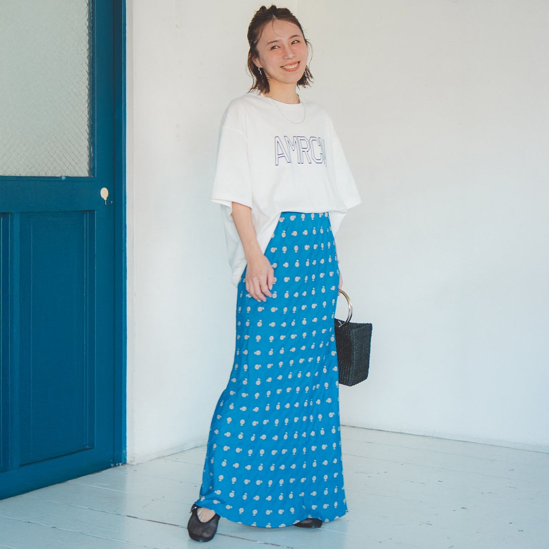 Americana × JEANS FACTORY [アメリカーナ × ジーンズファクトリー] 別注 AMRCN ショート丈フロッキープリントTシャツ [ASO-M-851-1-JF] ｵﾌﾎﾜｲﾄ &&モデル身長：153cm 着用サイズ：ONE SIZE&&