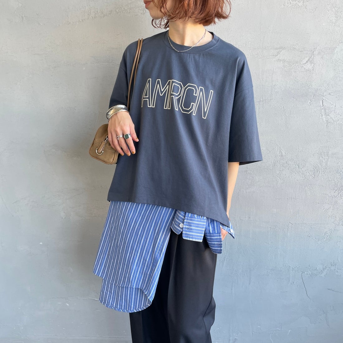 Americana × JEANS FACTORY [アメリカーナ × ジーンズファクトリー] 別注 AMRCN ショート丈フロッキープリントTシャツ [ASO-M-851-1-JF] ｽﾐｸﾛ &&モデル身長：158cm 着用サイズ：ONE SIZE&&