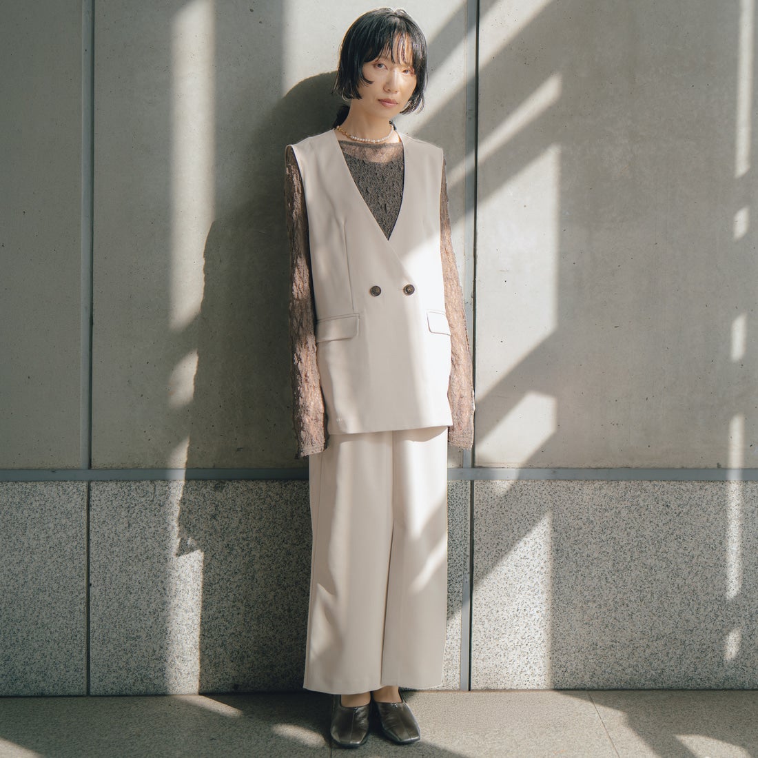 USINE [ユジーヌ] シアーレースカットソー [IN3-CST-6] 12 ﾁｬｺｰﾙ &&モデル身長：158cm 着用サイズ：F&&