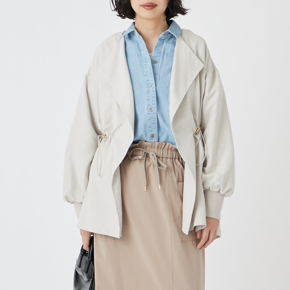 Jf Ready Made [ジェイエフレディメイド] スエードライク ピーチウエストドローコート [8560249-01] 60 ｸﾞﾚｰｼﾞｭ &&モデル身長：162cm 着用サイズ：F&&