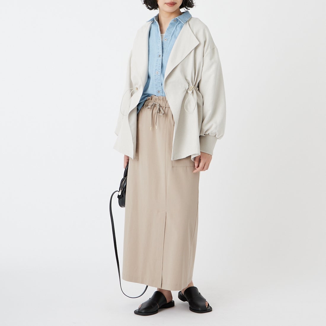 Jf Ready Made [ジェイエフレディメイド] スエードライク ピーチウエストドローコート [8560249-01] 60 ｸﾞﾚｰｼﾞｭ &&モデル身長：162cm 着用サイズ：F&&