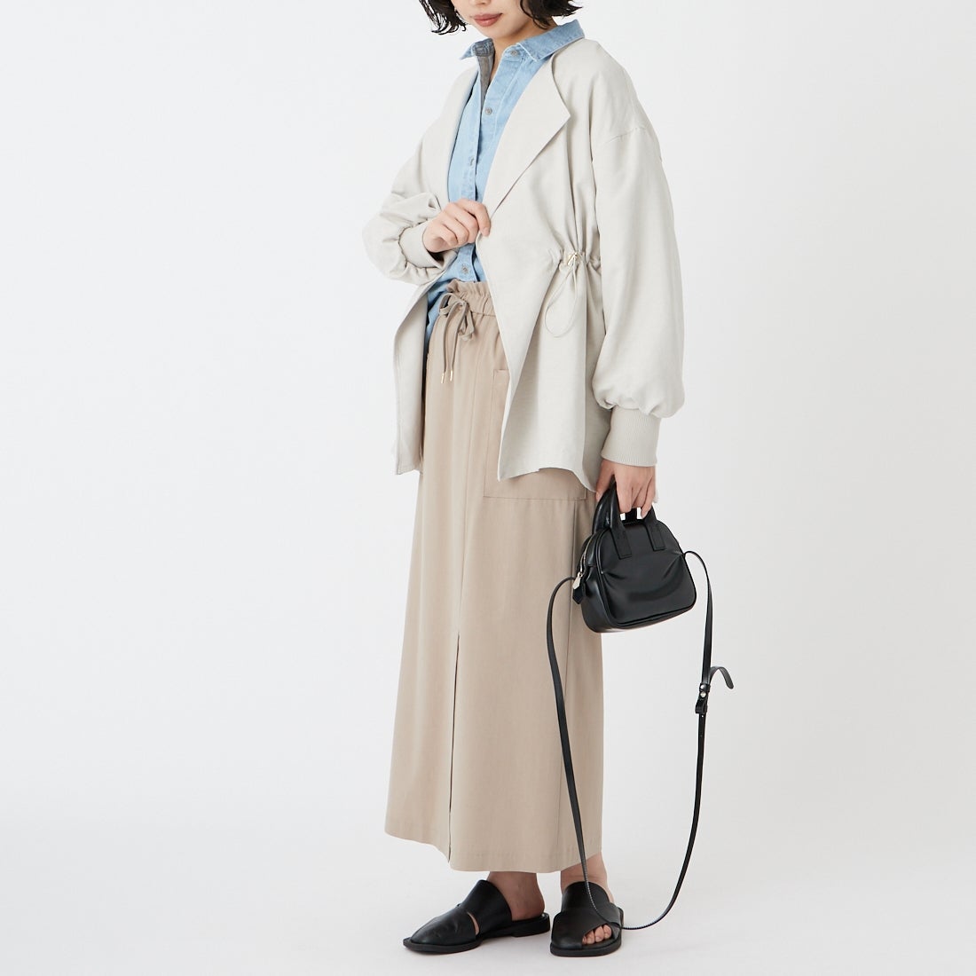 Jf Ready Made [ジェイエフレディメイド] スエードライク ピーチウエストドローコート [8560249-01] 60 ｸﾞﾚｰｼﾞｭ &&モデル身長：162cm 着用サイズ：F&&