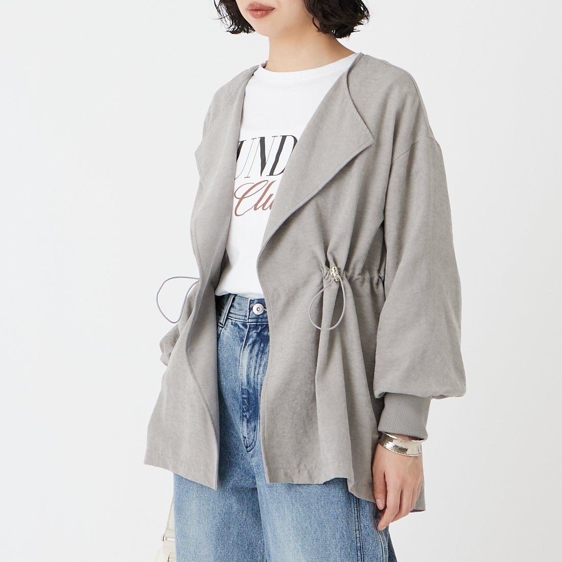 Jf Ready Made [ジェイエフレディメイド] スエードライク ピーチウエストドローコート [8560249-01] 13 ﾁｬｺｰﾙ &&モデル身長：162cm 着用サイズ：F&&