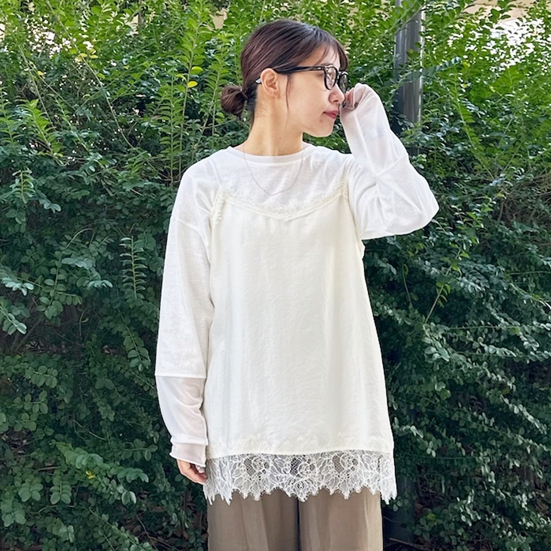 CLOCHE [クロシェ] サテン風レースキャミソール [61285710] ｵﾌ &&モデル身長：151cm 着用サイズ：2&&