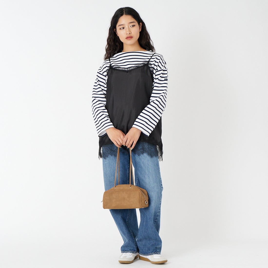 CLOCHE [クロシェ] サテン風レースキャミソール [61285710] ﾌﾞﾗｯｸ &&モデル身長：162cm 着用サイズ：2&&