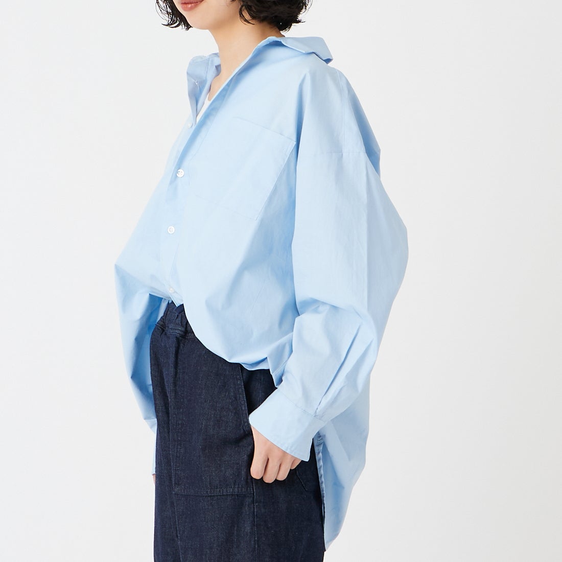 Jeans Factory Clothes [ジーンズファクトリークローズ] メンズライクビッグシャツ [IN7-SH-6] 336 SAX &&モデル身長：162cm 着用サイズ：F&&