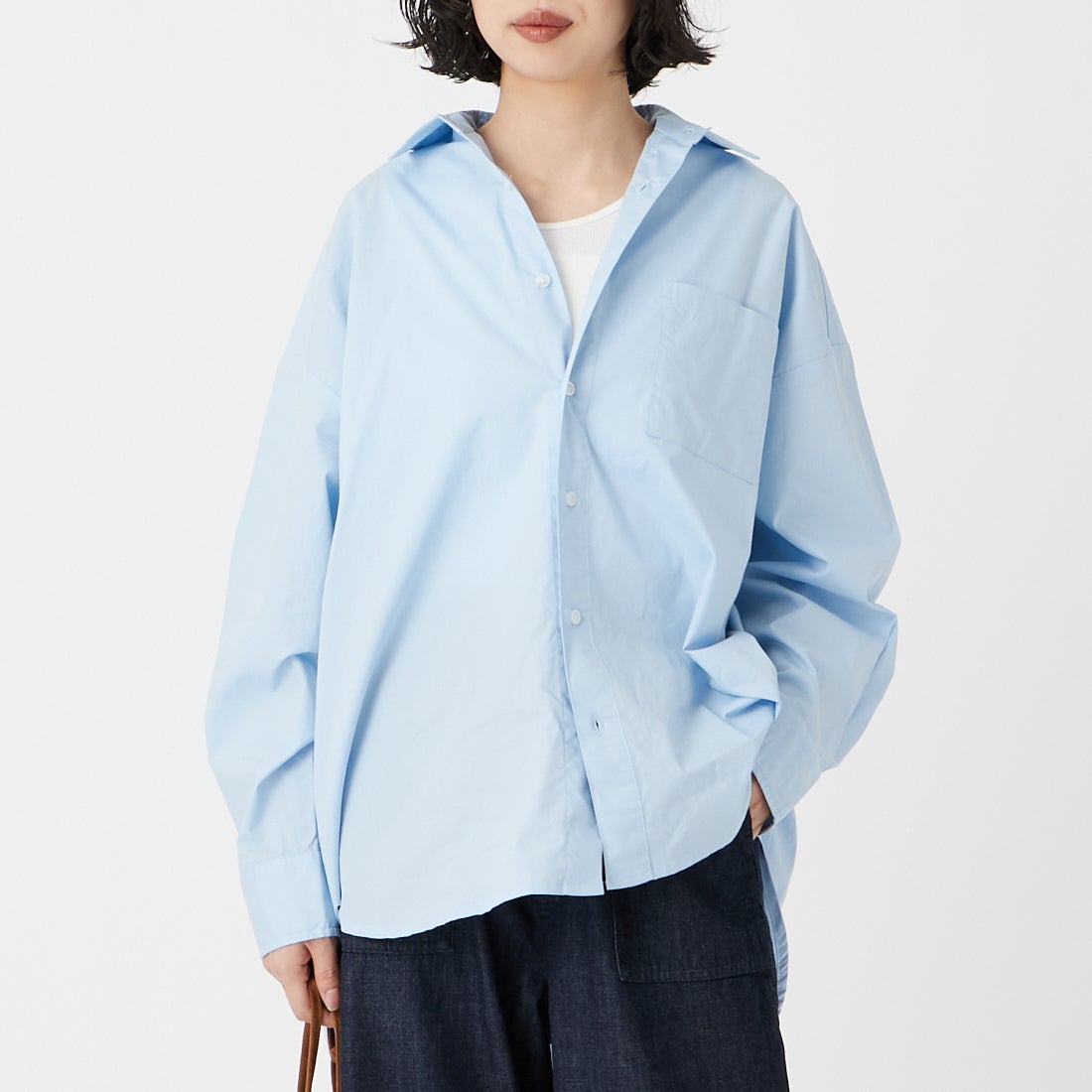 Jeans Factory Clothes [ジーンズファクトリークローズ] メンズライクビッグシャツ [IN7-SH-6] 336 SAX &&モデル身長：162cm 着用サイズ：F&&