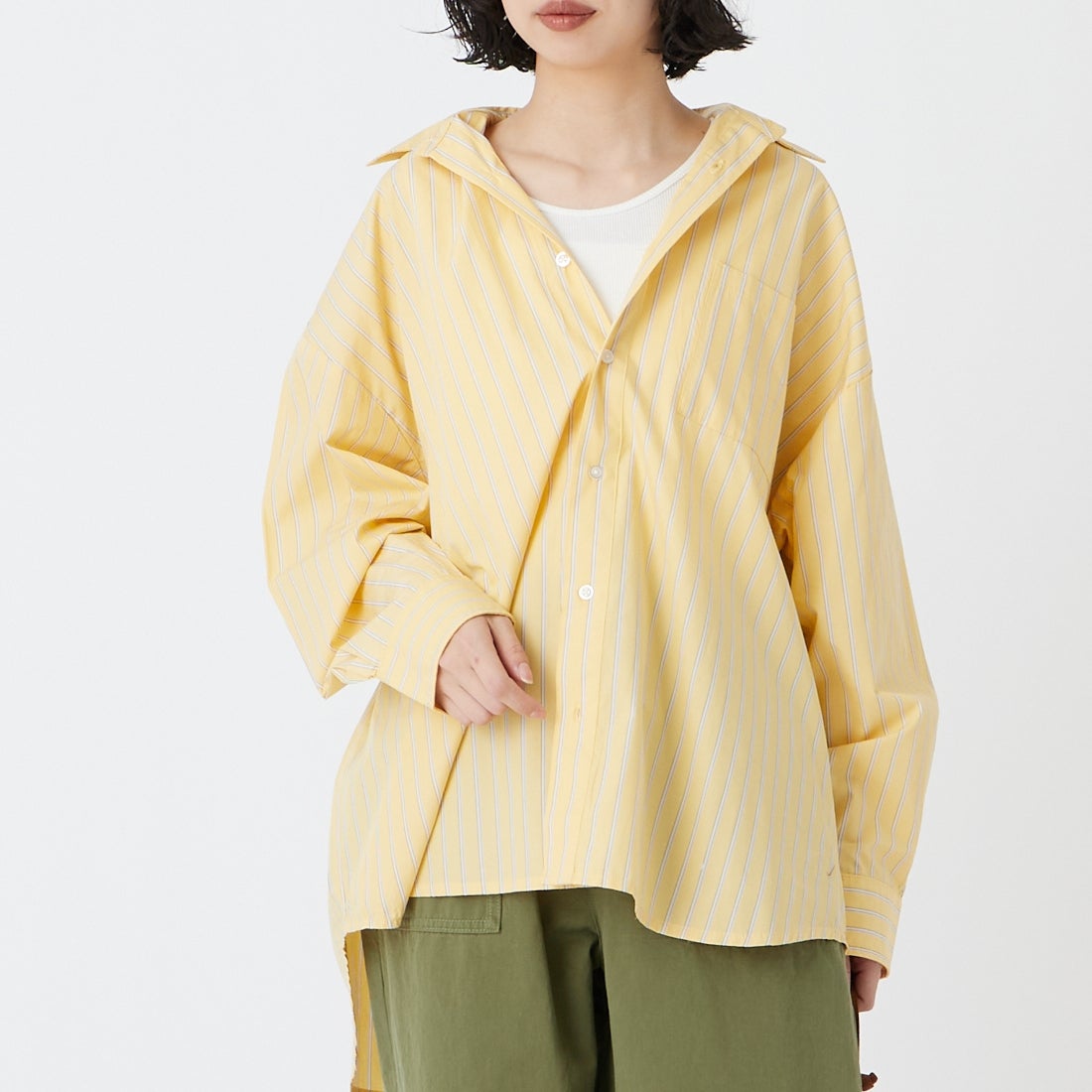 Jeans Factory Clothes [ジーンズファクトリークローズ] メンズライクビッグシャツ [IN7-SH-6] YEL ST &&モデル身長：162cm 着用サイズ：F&&