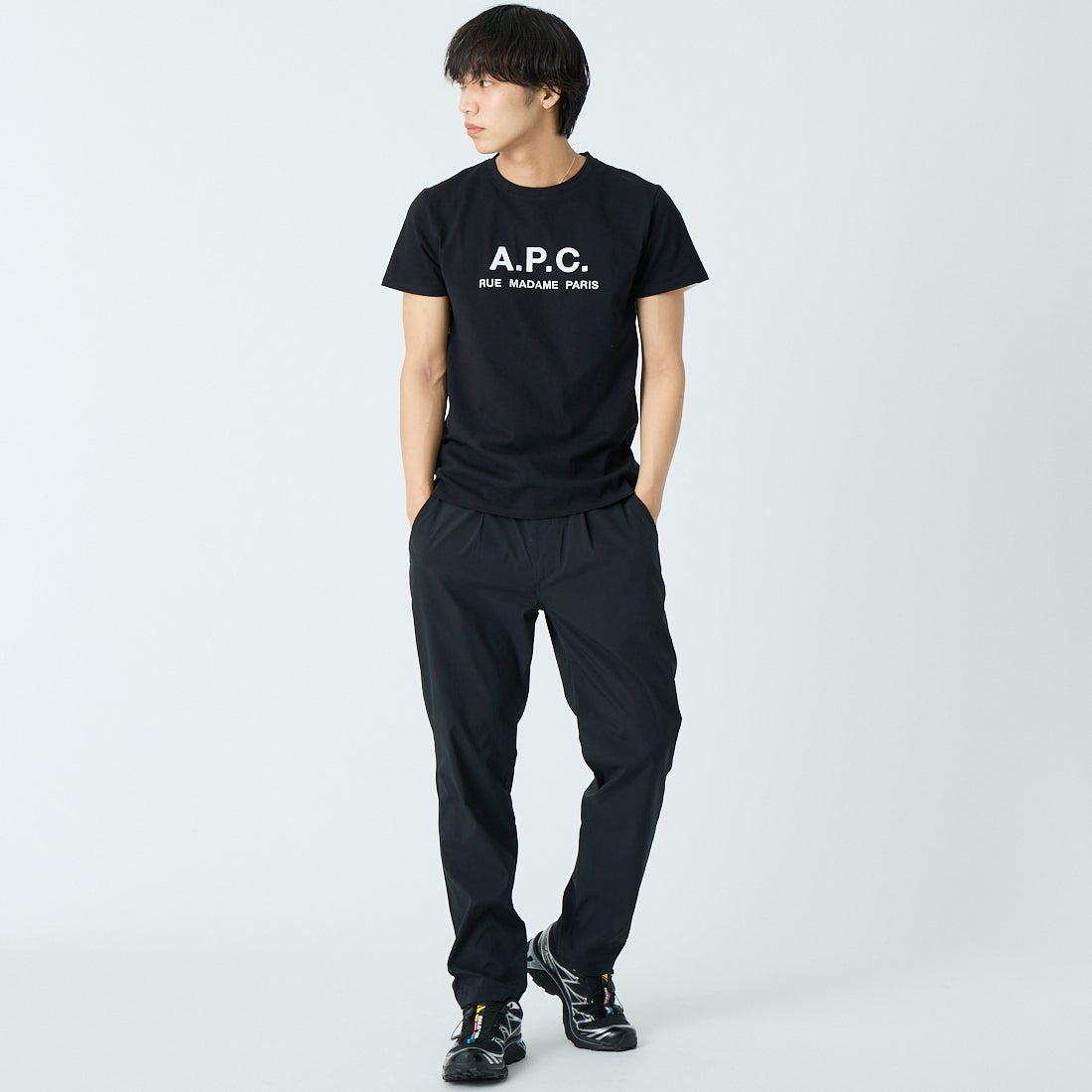 Jeans Factory Clothes [ジーンズファクトリークローズ] プライムフレックス1Pイージートラウザー [JFC-262-011] 61 BLK &&モデル身長：179cm 着用サイズ：XL&&