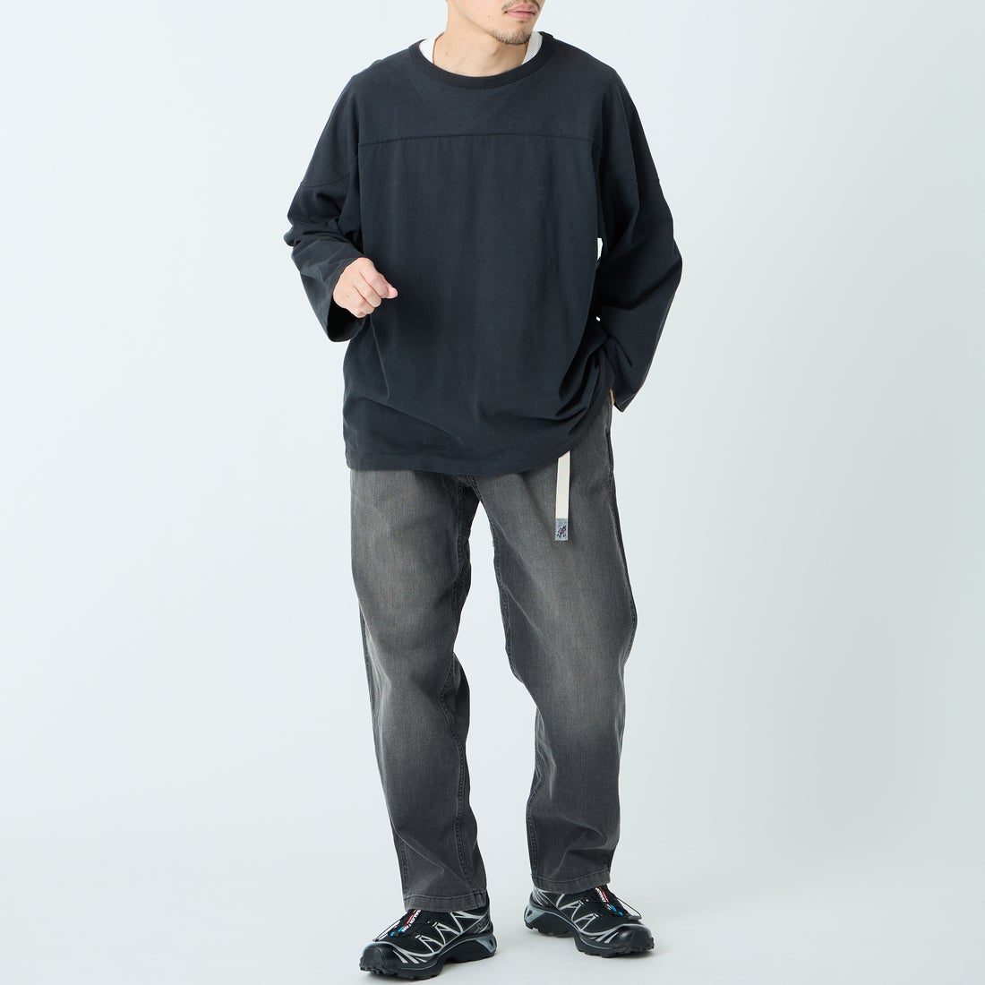 GRAMiCCi [グラミチ] 別注 ストレッチデニム エブリデイパンツ [GUP6-S2014-JF] BLACK USED &&モデル身長：168cm 着用サイズ：L&&
