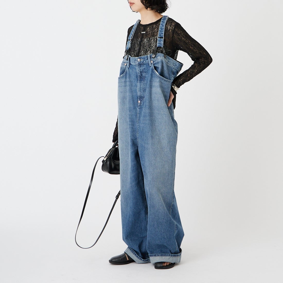 RhodolirioN [ロドリリオン] 5ポケットサスペンダーデニムパンツ [SW1043] INDIGO &&モデル身長：162cm 着用サイズ：ONE SIZE&&
