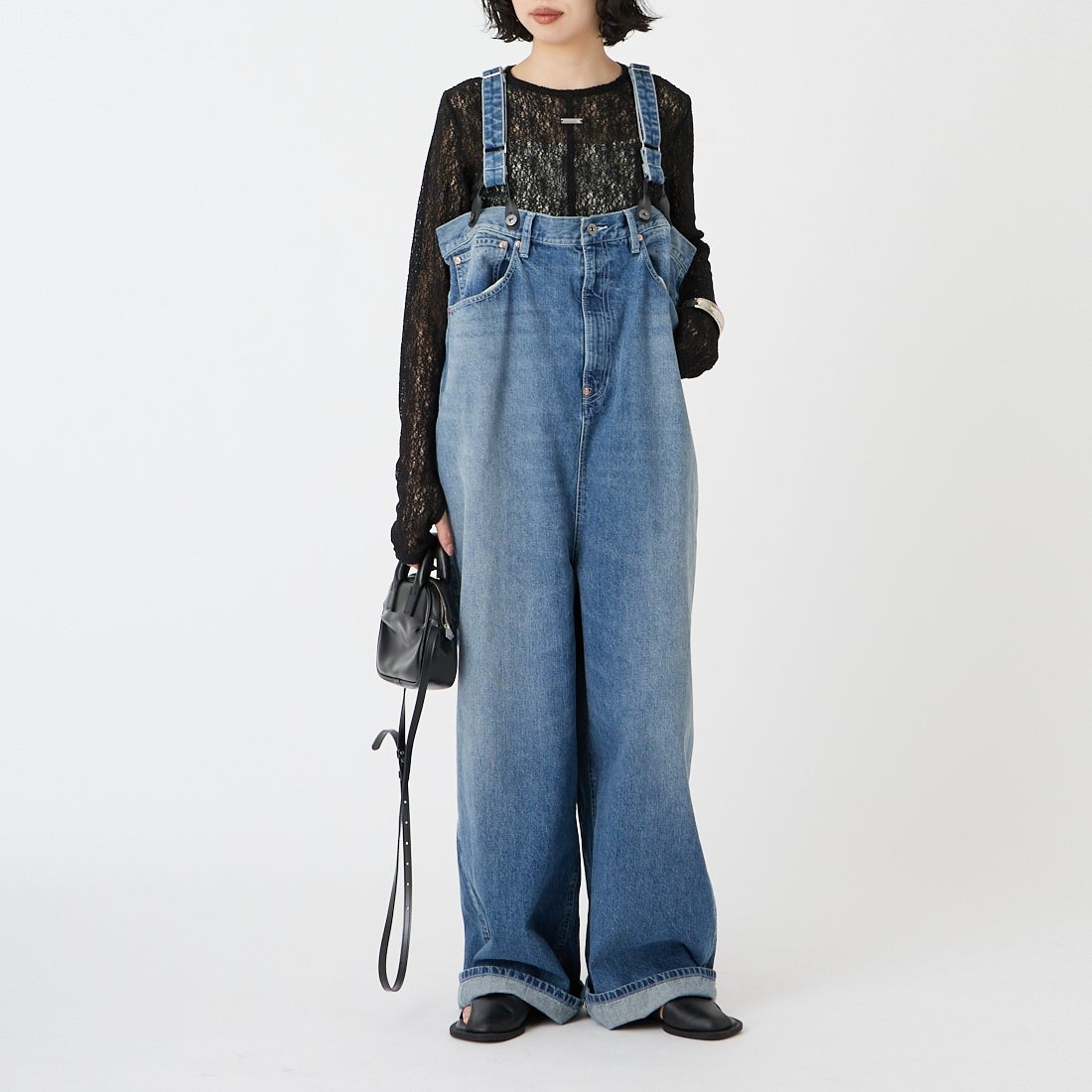 RhodolirioN [ロドリリオン] 5ポケットサスペンダーデニムパンツ [SW1043] INDIGO &&モデル身長：162cm 着用サイズ：ONE SIZE&&