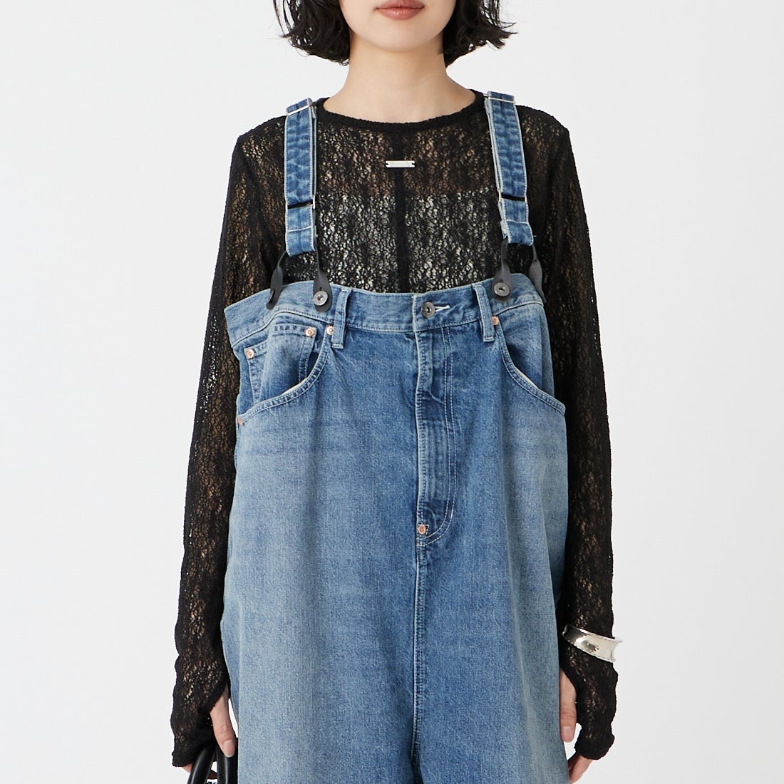 RhodolirioN [ロドリリオン] 5ポケットサスペンダーデニムパンツ [SW1043] INDIGO &&モデル身長：162cm 着用サイズ：ONE SIZE&&