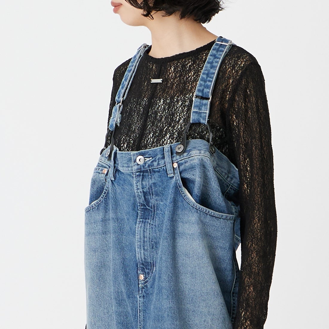 RhodolirioN [ロドリリオン] 5ポケットサスペンダーデニムパンツ [SW1043] INDIGO &&モデル身長：162cm 着用サイズ：ONE SIZE&&