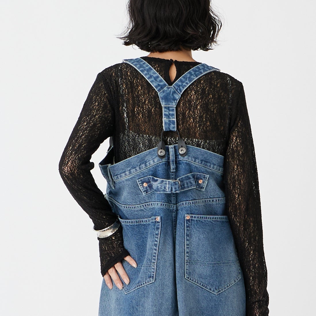 RhodolirioN [ロドリリオン] 5ポケットサスペンダーデニムパンツ [SW1043] INDIGO &&モデル身長：162cm 着用サイズ：ONE SIZE&&