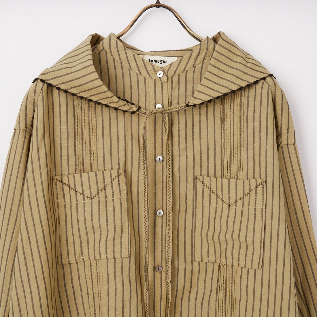 tumugu: [ツムグ] テンセルリネンストライプ チュニックシャツ [TB26102-B] 10 BEIGE