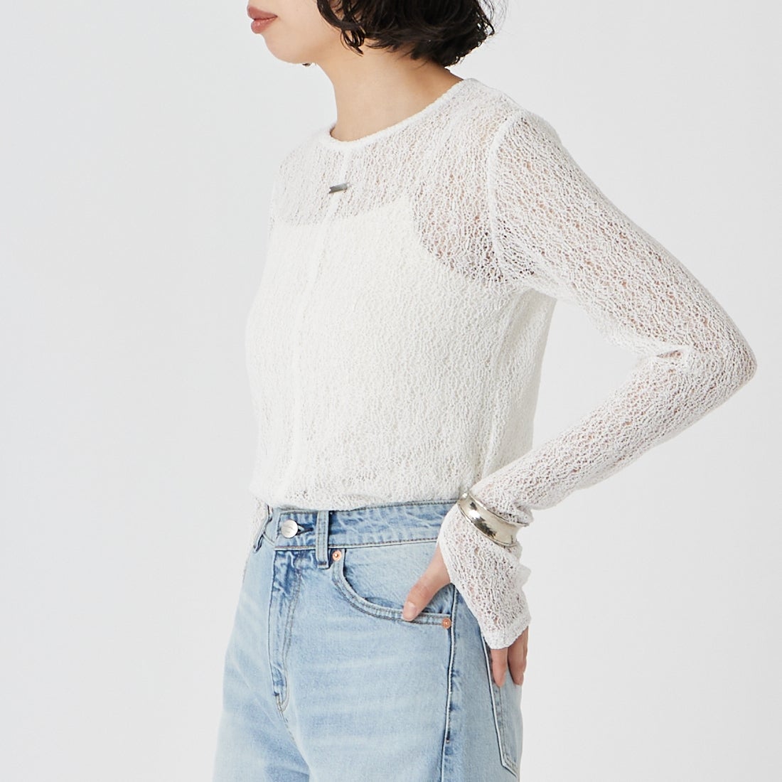 &g'aime [アンジェム] レースカットトップス [988-68100] ﾎﾜｲﾄ &&モデル身長：162cm 着用サイズ：F&&