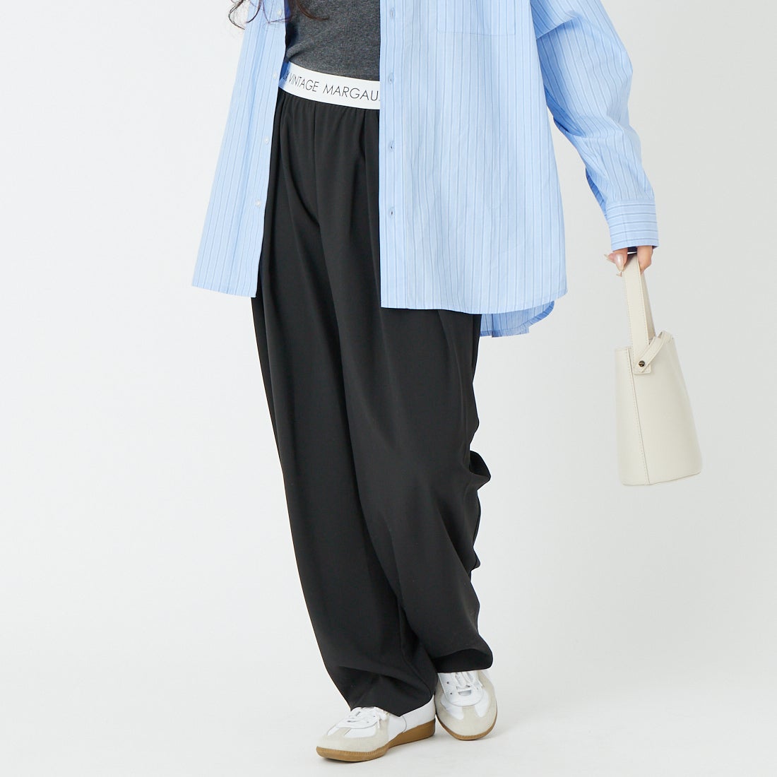 Margaux vintage [マルゴーヴィンテージ] ウエストロゴタックパンツ [MG-PT-26007-S] BLACK &&モデル身長：162cm 着用サイズ：F&&