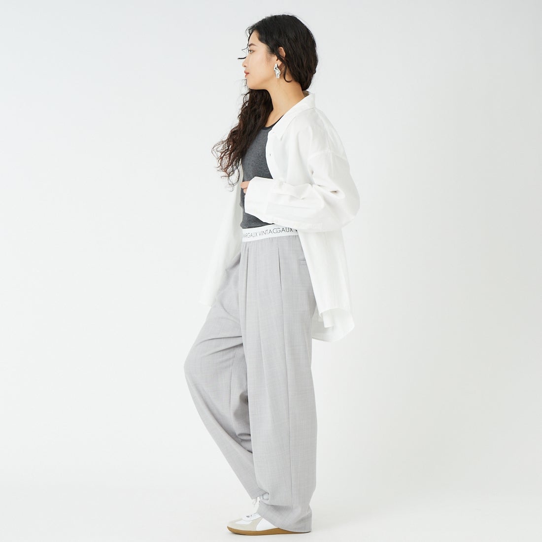 Margaux vintage [マルゴーヴィンテージ] ウエストロゴタックパンツ [MG-PT-26007-S] LGRAY &&モデル身長：162cm 着用サイズ：F&&