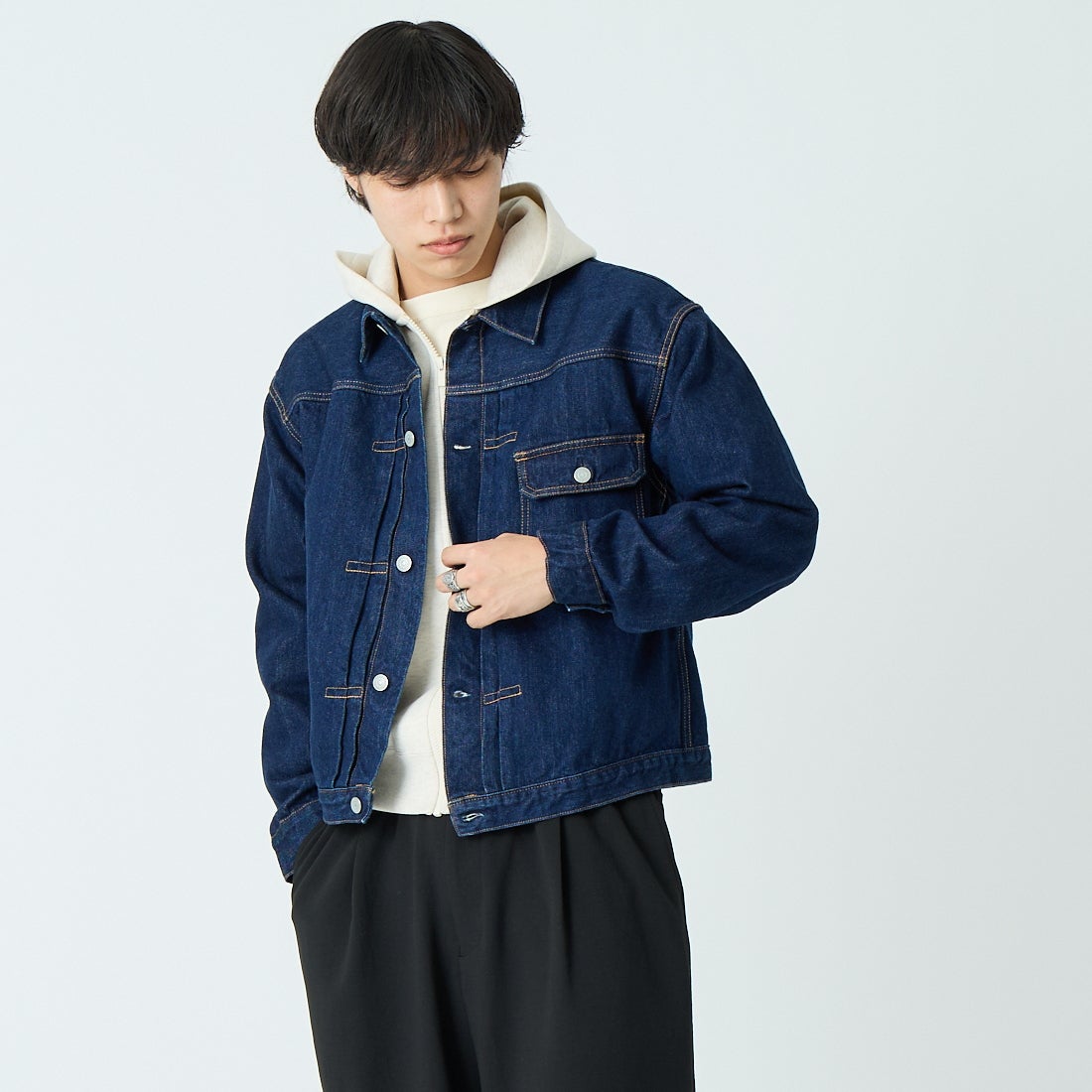 CIOTA [シオタ] シングルポケットデニムジャケット [JKLM-301-NIW] NAVY &&モデル身長：179cm 着用サイズ：42&&