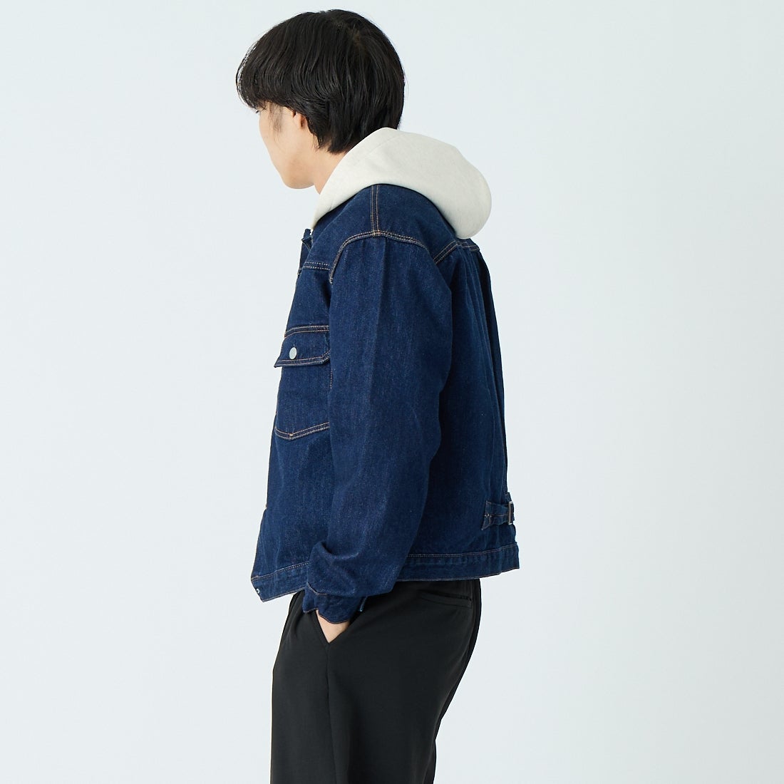 CIOTA [シオタ] シングルポケットデニムジャケット [JKLM-301-NIW] NAVY &&モデル身長：179cm 着用サイズ：42&&