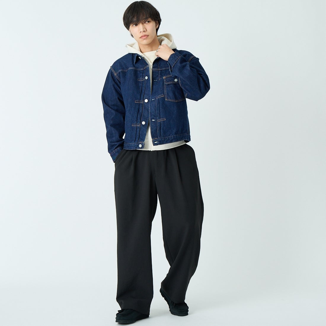 CIOTA [シオタ] シングルポケットデニムジャケット [JKLM-301-NIW] NAVY &&モデル身長：179cm 着用サイズ：42&&