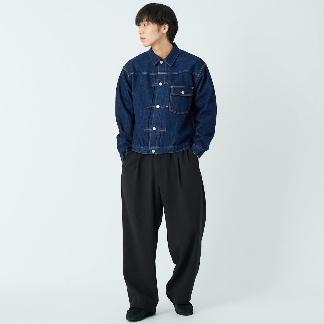 CIOTA [シオタ] シングルポケットデニムジャケット [JKLM-301-NIW] NAVY &&モデル身長：179cm 着用サイズ：42&&