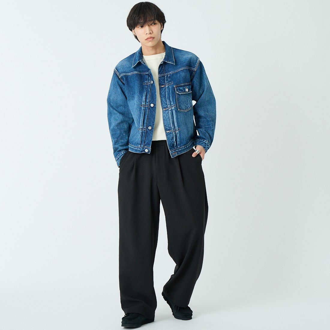 CIOTA [シオタ] シングルポケットデニムジャケット [JKLM-301-NIMDBL-D] MID DK.BLU &&モデル身長：179cm 着用サイズ：42&&