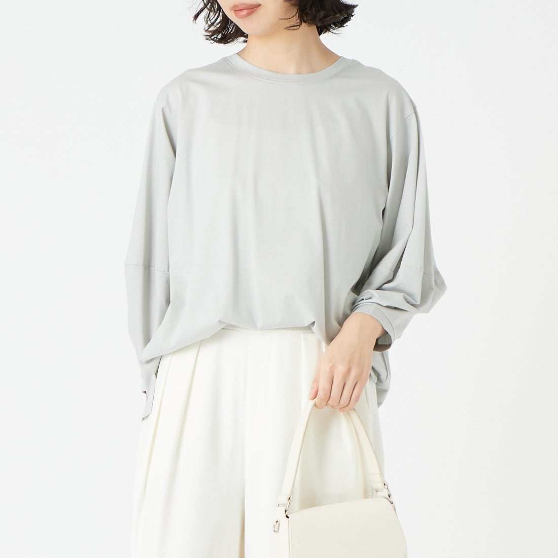 Jf Ready Made [ジェイエフレディメイド] ランタンスリーブシルケットTシャツ [3211105] 810 ﾗｲﾄｸﾞﾚ &&モデル身長：162cm 着用サイズ：F&&