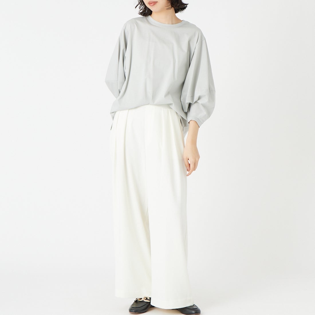 Jf Ready Made [ジェイエフレディメイド] ランタンスリーブシルケットTシャツ [3211105] 810 ﾗｲﾄｸﾞﾚ &&モデル身長：162cm 着用サイズ：F&&