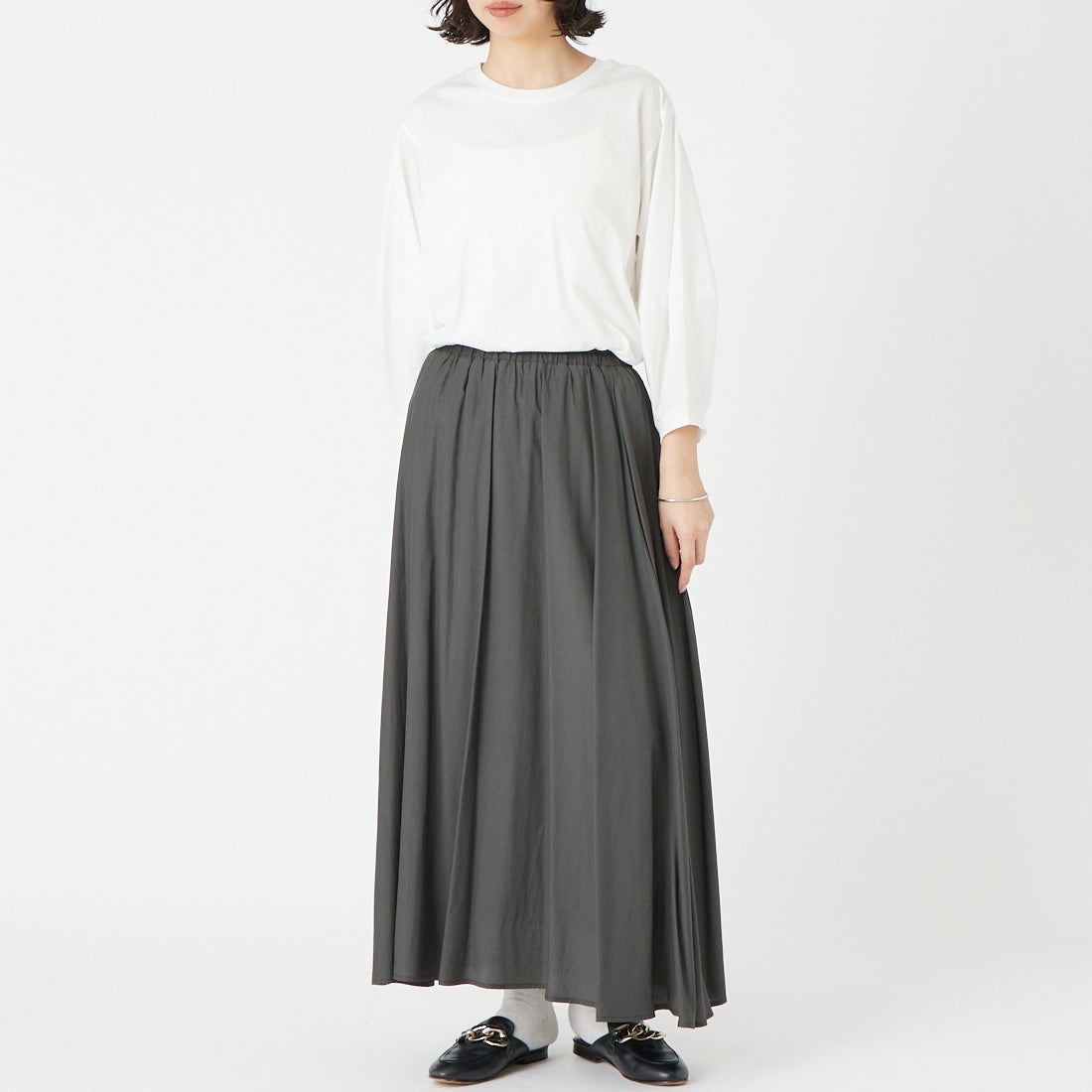 Jf Ready Made [ジェイエフレディメイド] ランタンスリーブシルケットTシャツ [3211105] 104 ｵﾌｼﾛ &&モデル身長：162cm 着用サイズ：F&&