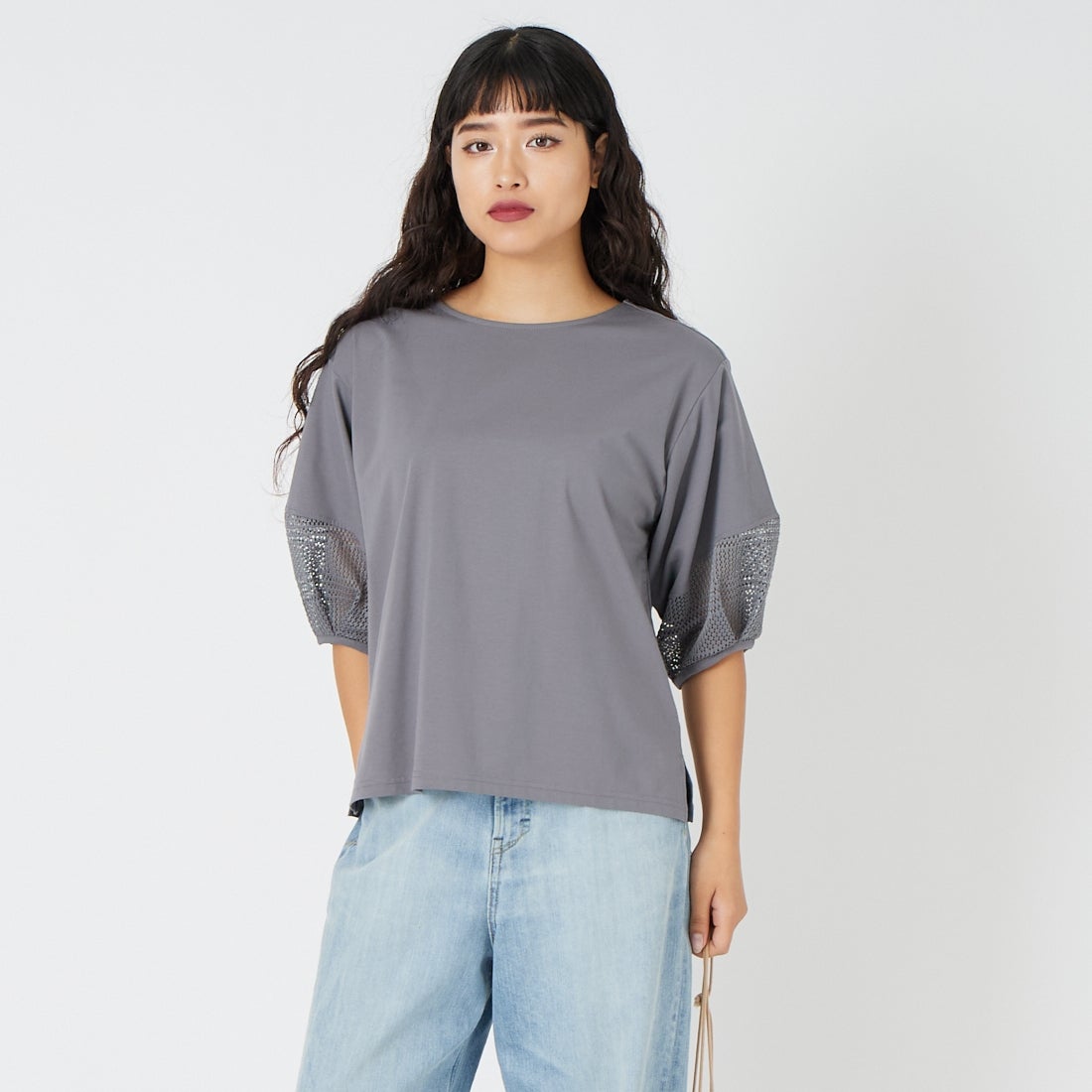 Jf Ready Made [ジェイエフレディメイド] 袖レース切替シルケットTシャツ [3211104] 802 ﾁｬｺｰﾙ &&モデル身長：162cm 着用サイズ：F&&