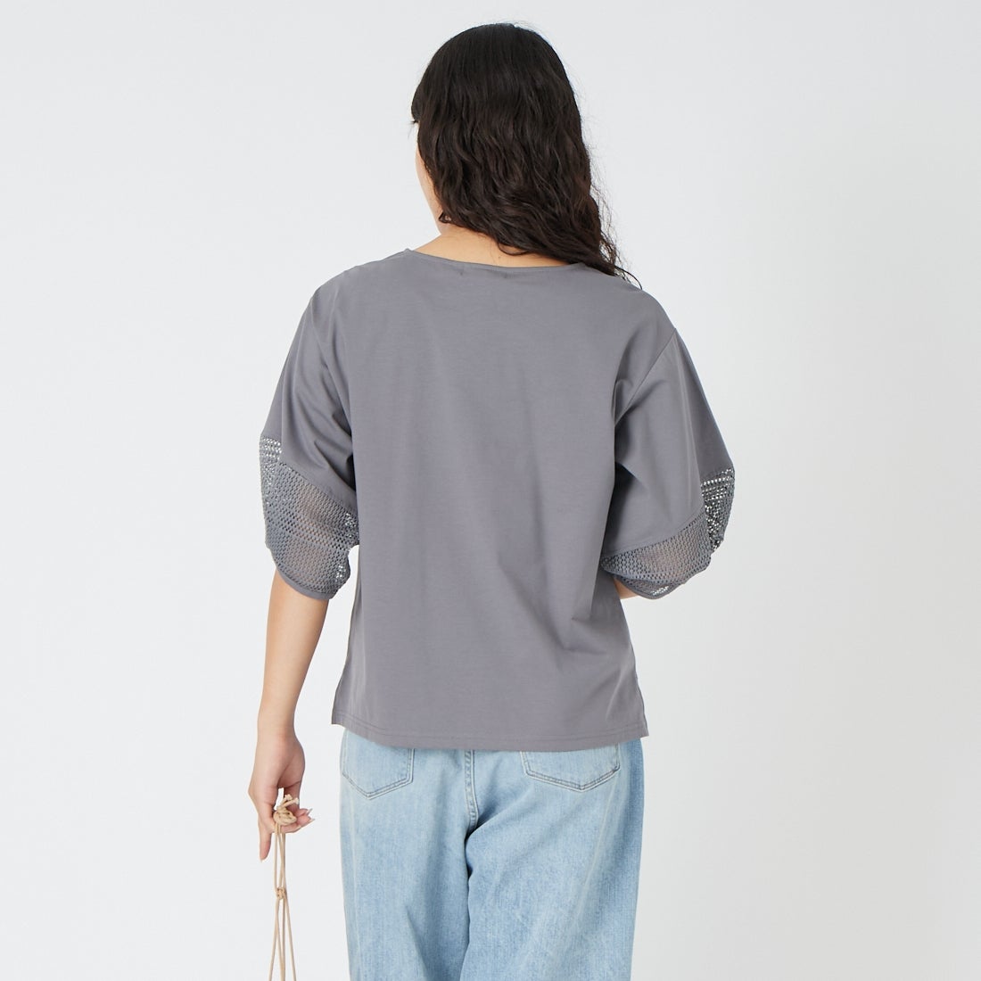 Jf Ready Made [ジェイエフレディメイド] 袖レース切替シルケットTシャツ [3211104] 802 ﾁｬｺｰﾙ &&モデル身長：162cm 着用サイズ：F&&