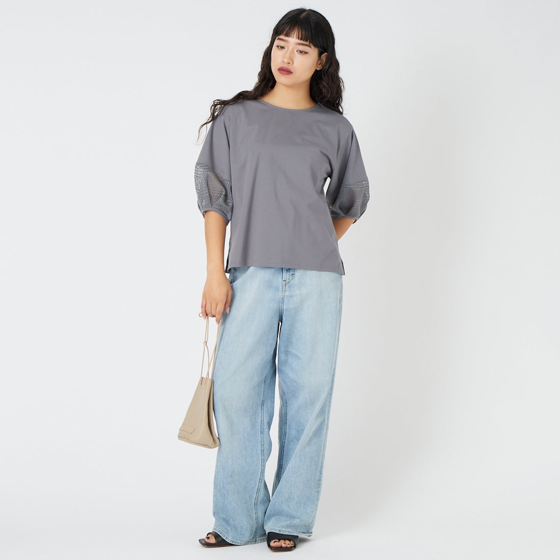 Jf Ready Made [ジェイエフレディメイド] 袖レース切替シルケットTシャツ [3211104] 802 ﾁｬｺｰﾙ &&モデル身長：162cm 着用サイズ：F&&