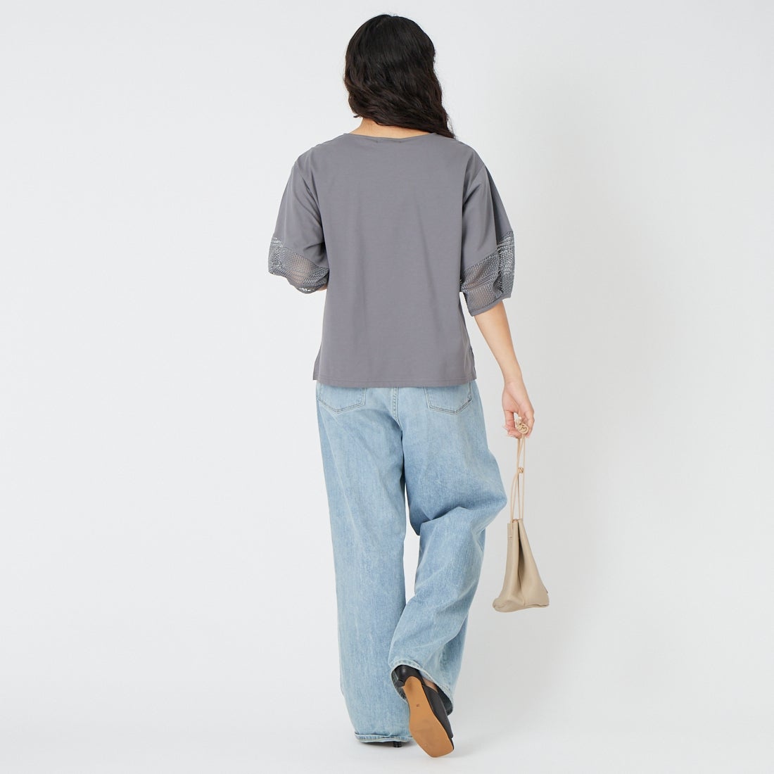 Jf Ready Made [ジェイエフレディメイド] 袖レース切替シルケットTシャツ [3211104] 802 ﾁｬｺｰﾙ &&モデル身長：162cm 着用サイズ：F&&